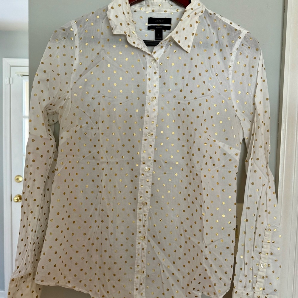 J.Crew White and Gold Polka Dot Blouse